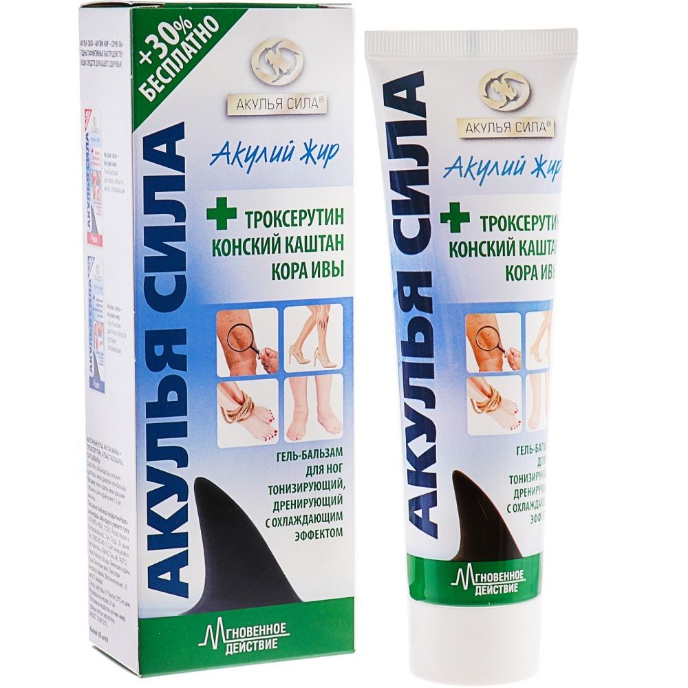 Охлаждающий гель-бальзам для ног Акулий жир троксерутин, конский каштан и кора ивы, 100 мл