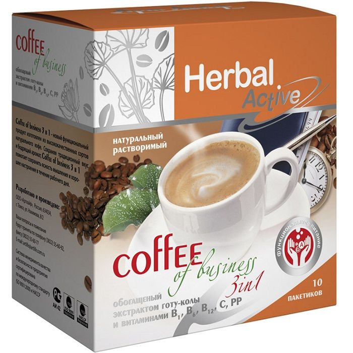 Кофе Бизнес coffee of business 3 в 1 с витаминами и готу колу Herbal Active Арт Лайф, 10 шт