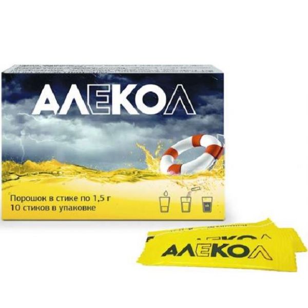 Средство от похмелья Алекол 1,5г, 10 стиков с порошком