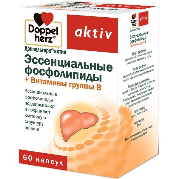 Эссенциальные фосфолипиды + витамины группы В, Поддержка печени, Доппельгерц® актив, 60 капсул