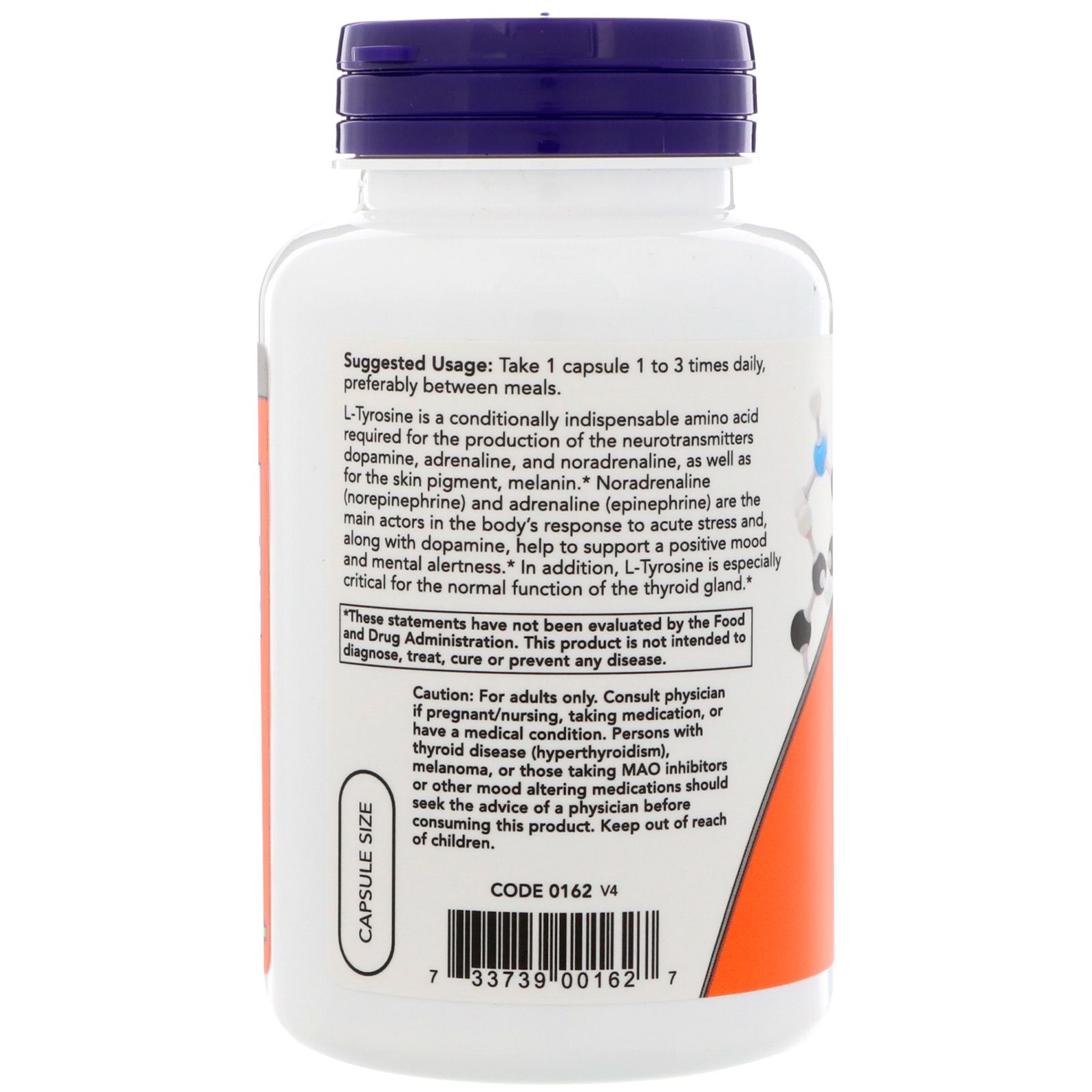 Тирозин L-Tyrosine при вегетососудистой дистонии, гипотонии, плохой памяти 500 мг Now Foods, 120 шт