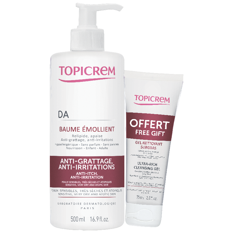 Набор Topicrem (бальзам АД липидовосстанавливающий для лица и тела, 500 мл + гель ультра Риш очищающий AD, 75 мл)
